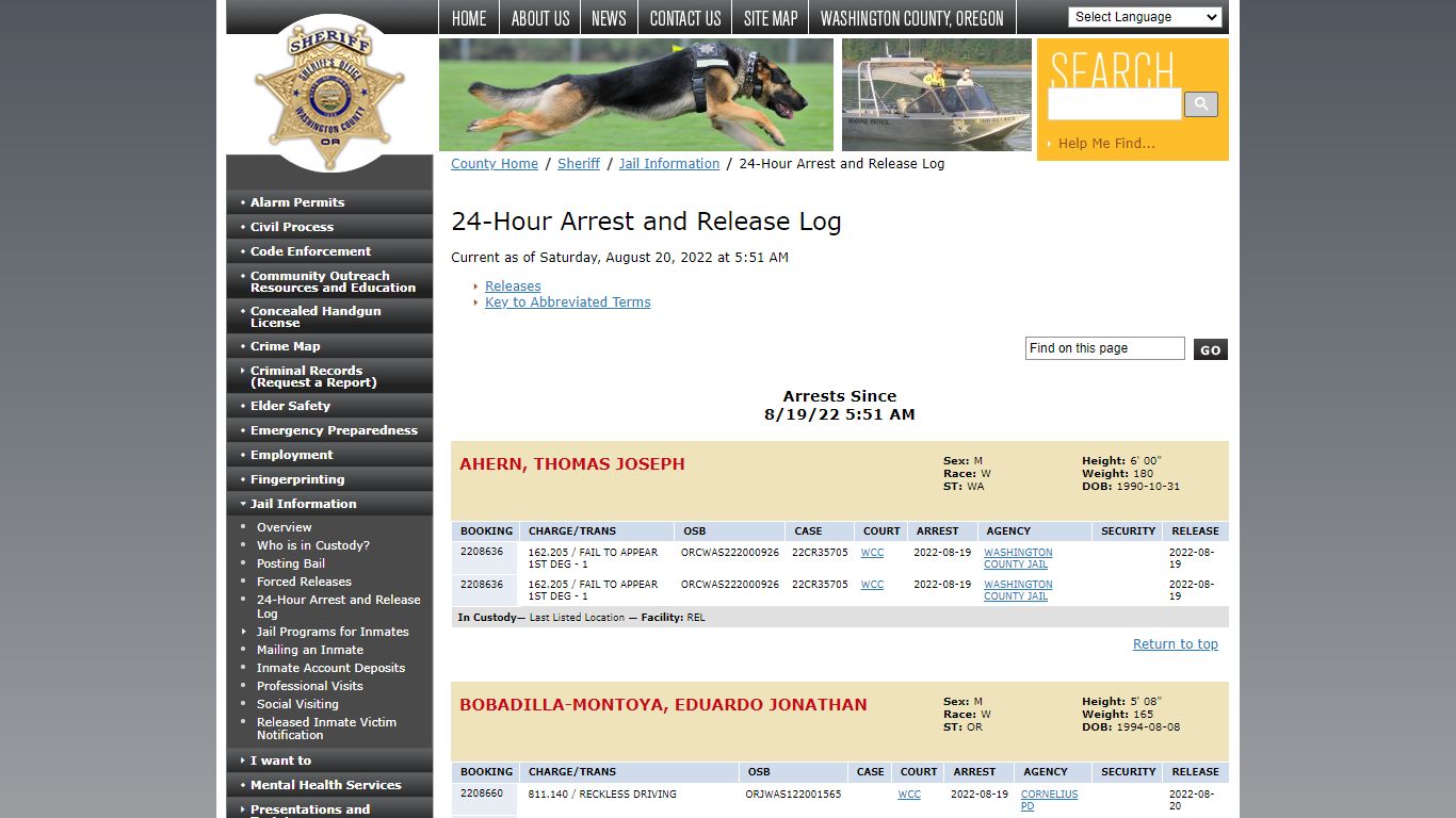24-Hour Arrest and Release Log - Washington County, Oregon