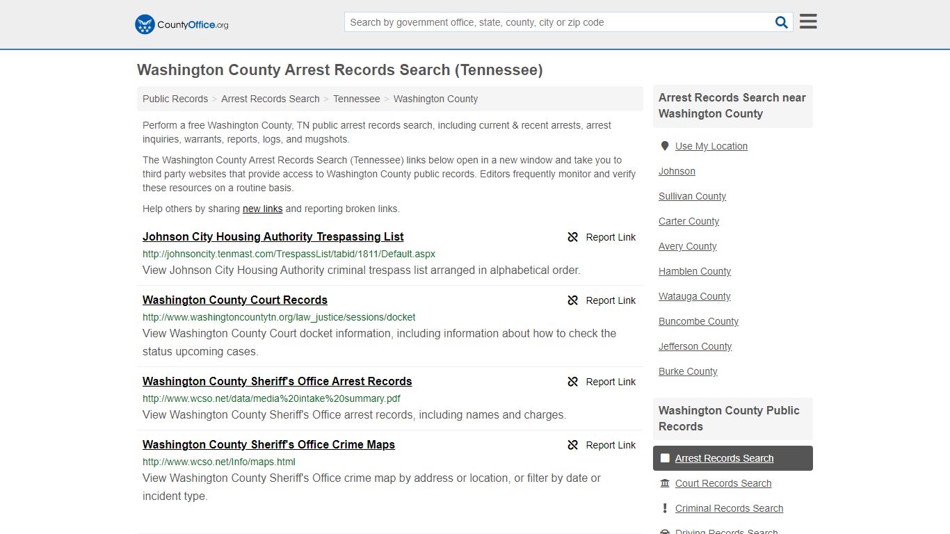 Washington County Arrest Records Search (Tennessee) - County Office